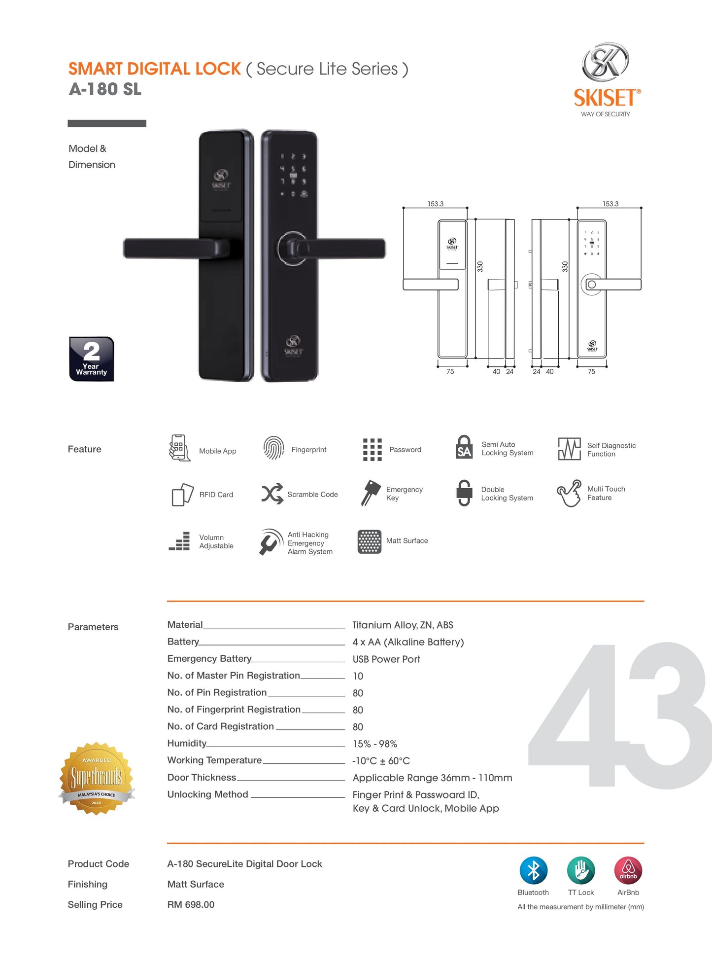 A180 Securelite Digital Smart Lock