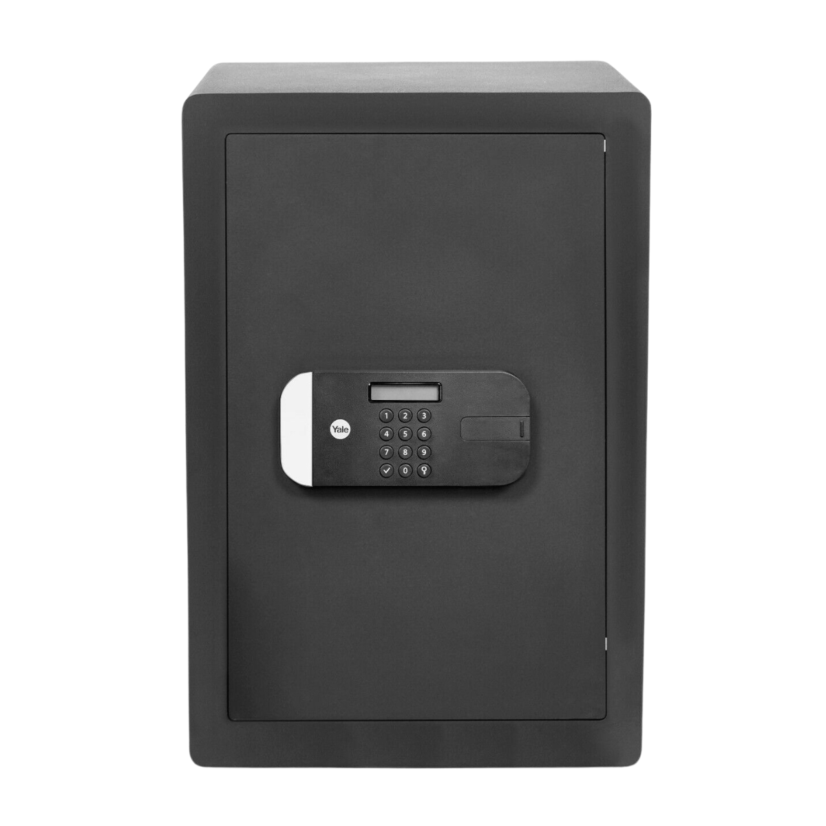 Black safe box with digital keypad on a white background