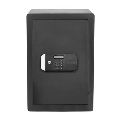 Black safe box with digital keypad on a white background