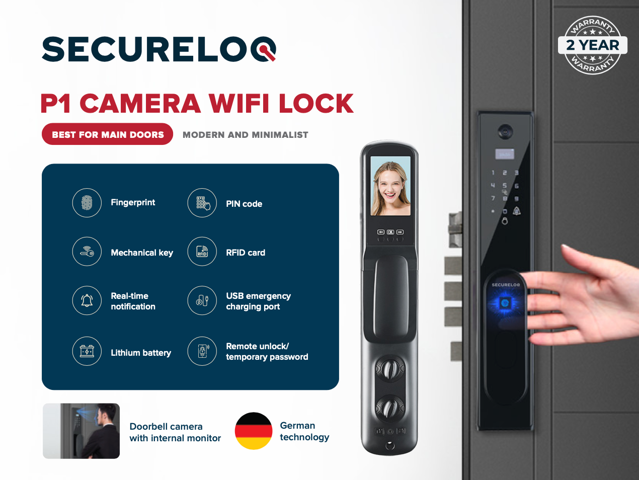 Secureloq P1 Video Doorbell Push Pull Digital Lock