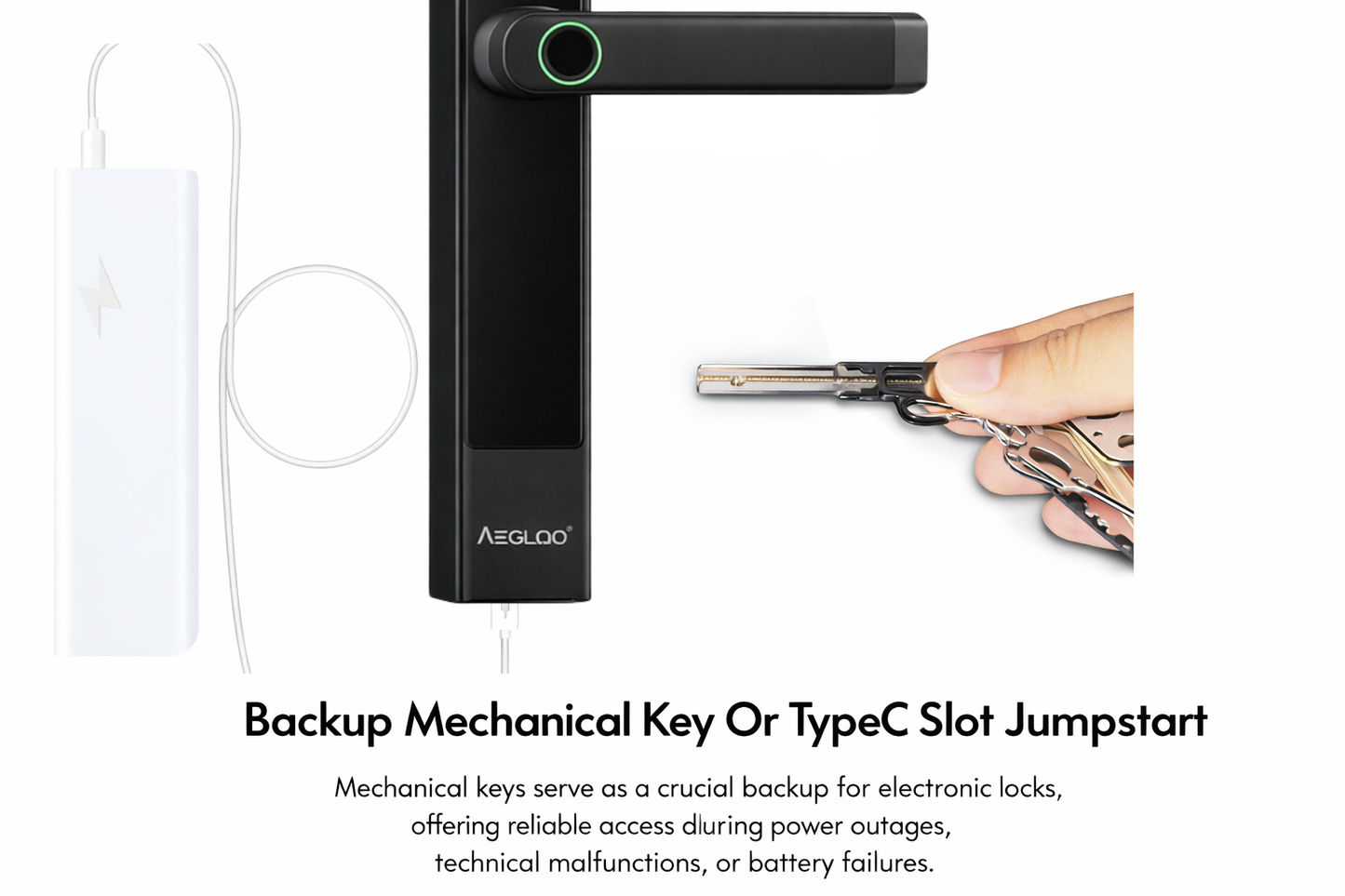 Aegloc Gate  door lock with a hand holding keys on a white background