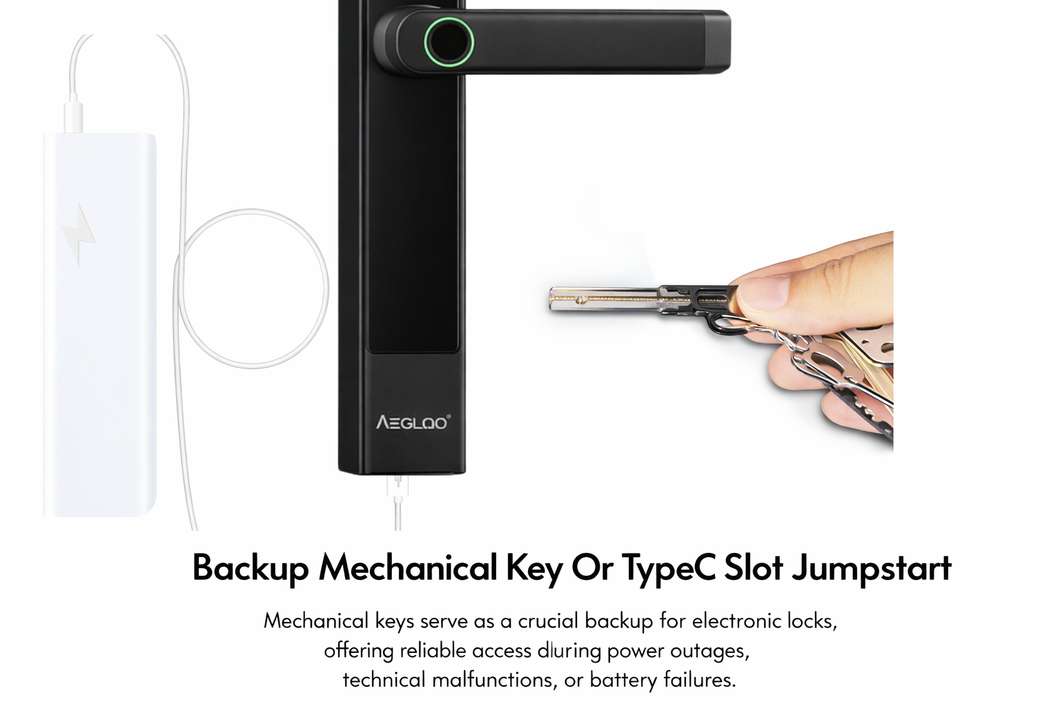 Aegloc Gate  door lock with a hand holding keys on a white background