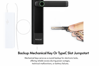 Aegloc Gate  door lock with a hand holding keys on a white background