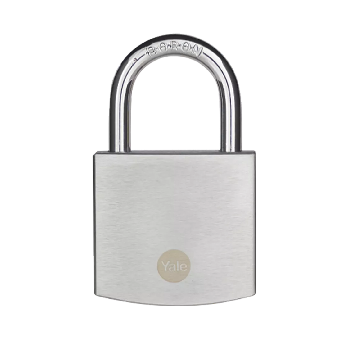 Silver padlock with 'Yale' branding on a white background