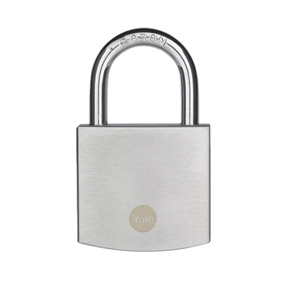 Silver padlock with 'Yale' branding on a white background